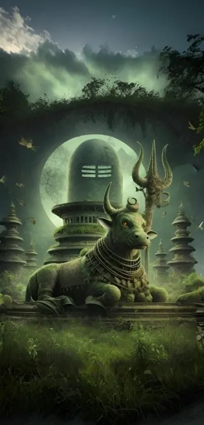 Mystical ancient temple with divine statue and greenery.