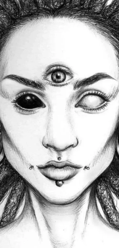 Black and white mystical third eye sketch artwork.