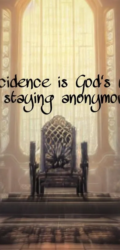 Mystical throne with quote on coincidence in elegant wallpaper.