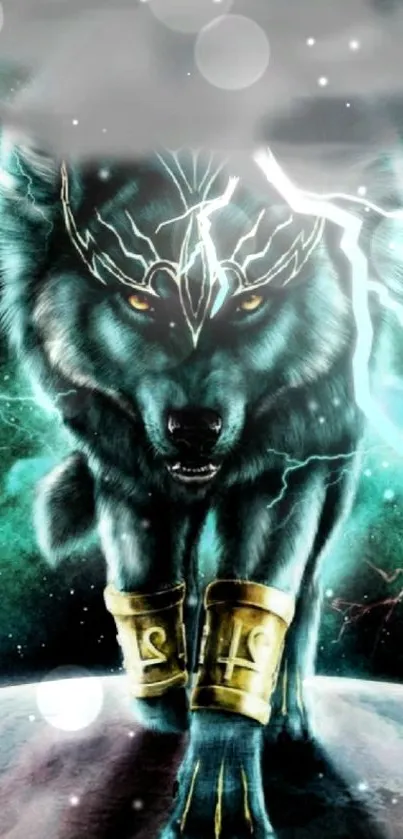 Mystical wolf with lightning in cosmic setting wallpaper.