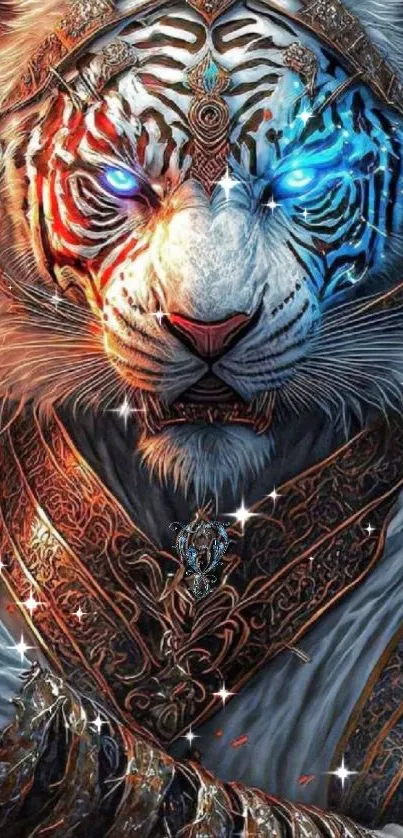 Mystical tiger artwork with glowing blue eyes and intricate patterns.