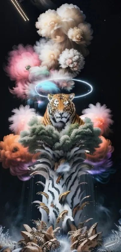 Mystical tiger surrounded by colorful clouds in a surreal design.