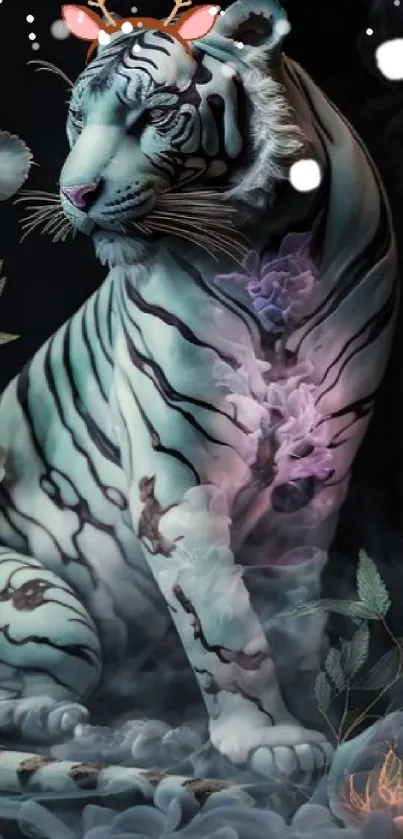 White tiger with antlers in a mystical, floral setting.