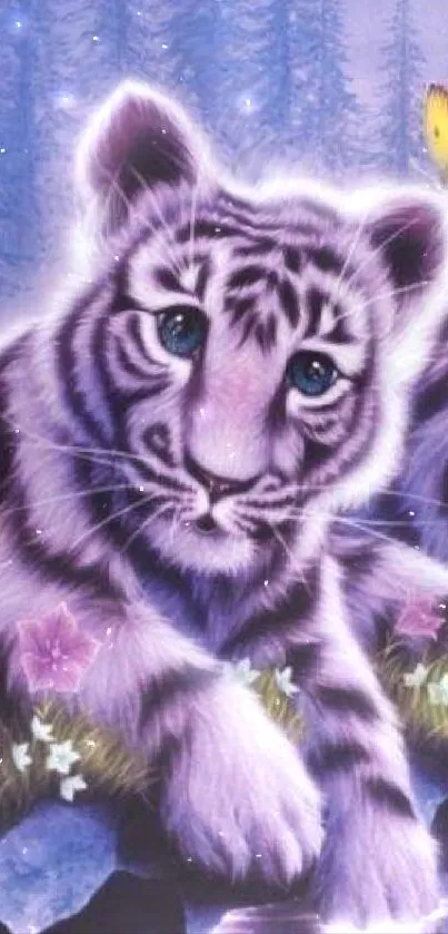 Mystical tiger with butterflies in purple fantasy setting.