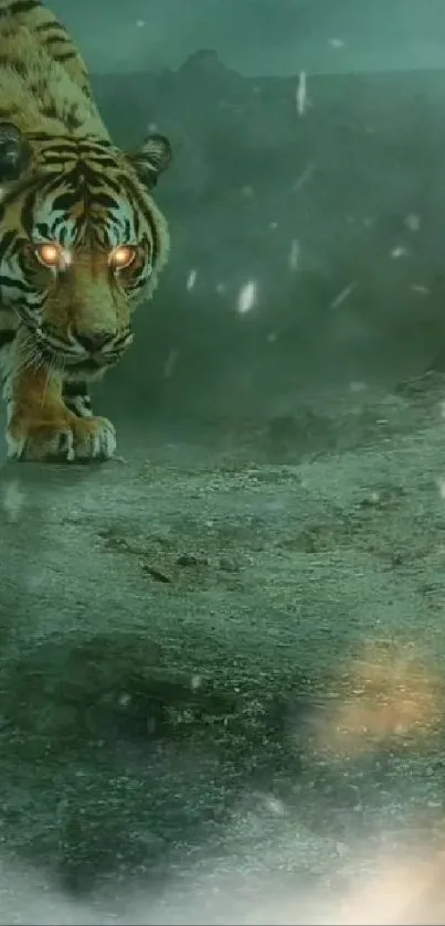 Mystical tiger in foggy green forest setting for mobile wallpaper.