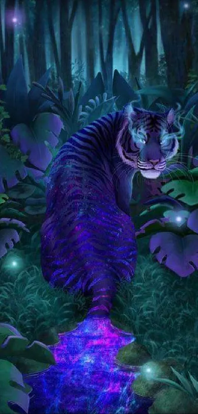 Mystical forest with a glowing tiger and luminescent path.