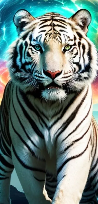 White tiger standing with colorful cosmic background in galaxy scene.