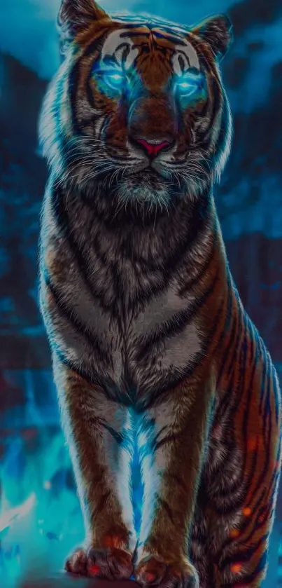 Mystical glowing tiger in a surreal blue and black setting.