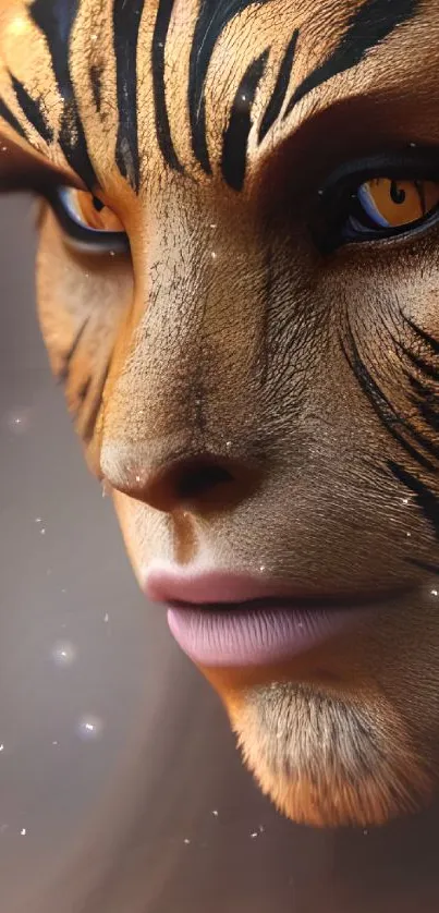 Fantasy art of a tiger-human face blending animal and human features.