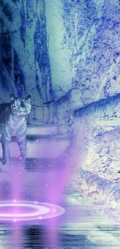 Mystical tiger in dreamy lavender forest scene with glowing ring.