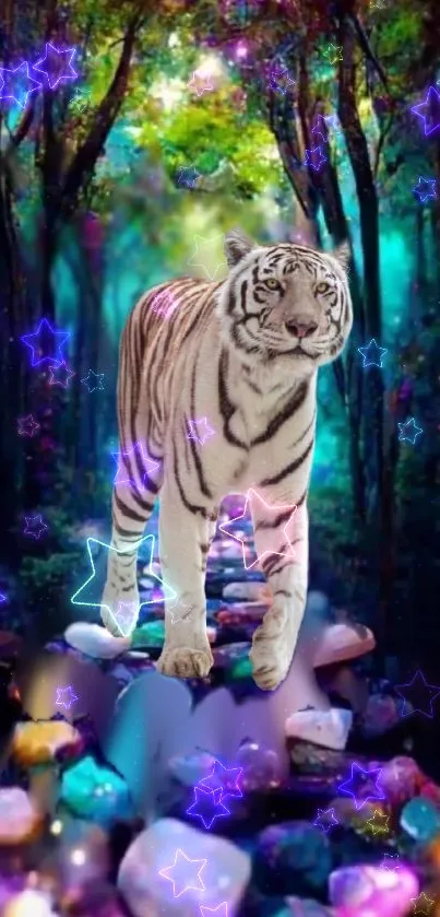 Mystical tiger in a vibrant, enchanted forest with glowing stars.