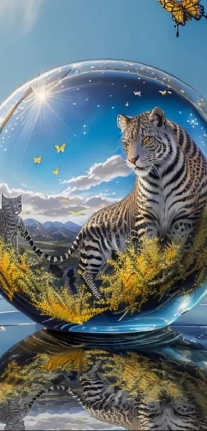 Mystical tiger inside a glass sphere with yellow flowers and blue sky.