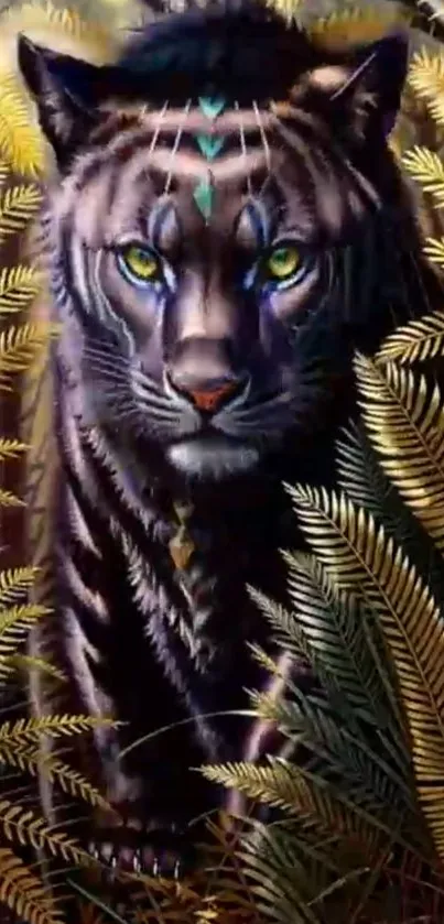 Mystical tiger peeking through golden jungle foliage on mobile wallpaper.