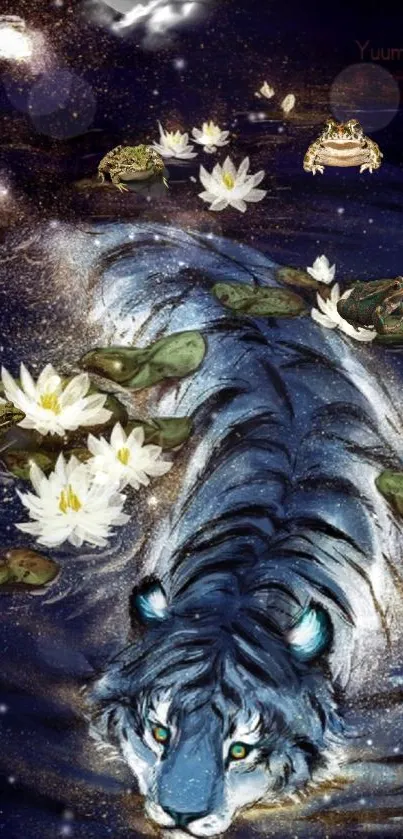 Fantasy wallpaper with a blue tiger and water lilies.