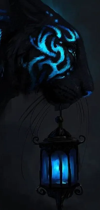 Mystical glowing tiger holding a lantern with blue tribal patterns.