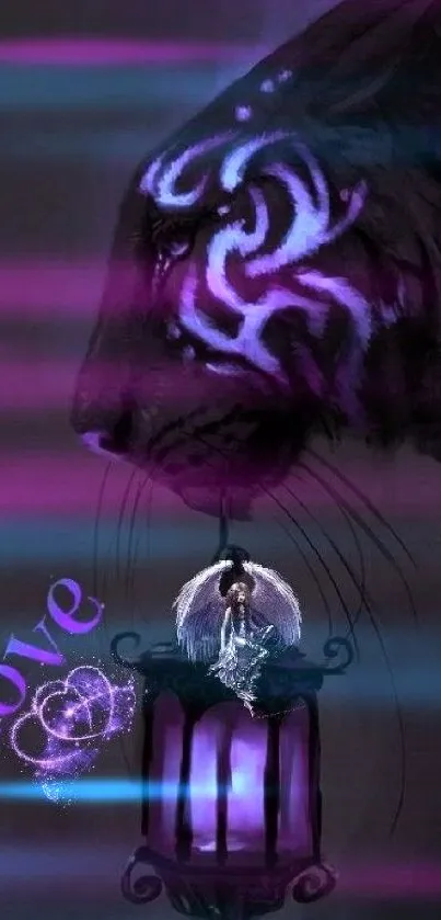 Mystical tiger with glowing purple stripes and a love-themed lantern.