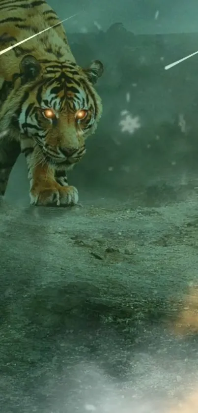 Mystical tiger prowling at night under shooting stars.