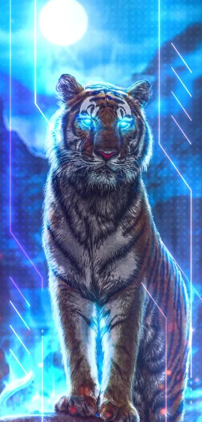 Mystical tiger with glowing blue eyes under a full moon on a mobile wallpaper.