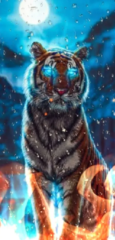 Mystical tiger with glowing eyes under a moonlit sky, surrounded by blue aura.