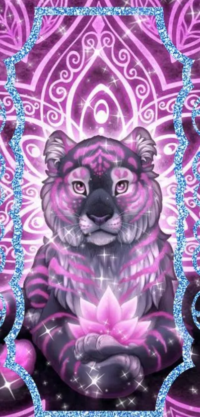 Mystical pink tiger with glittery patterns in a vibrant phone wallpaper design.