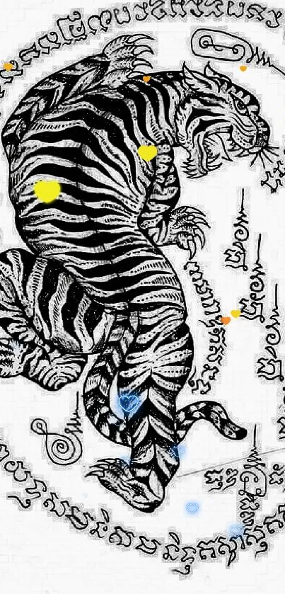 Mystical black and white tiger tattoo with colorful accents.