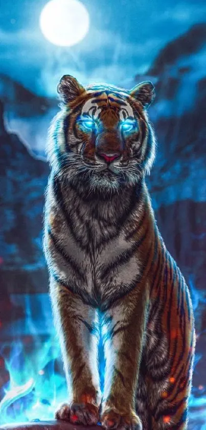 Majestic tiger with blue eyes under a full moon.