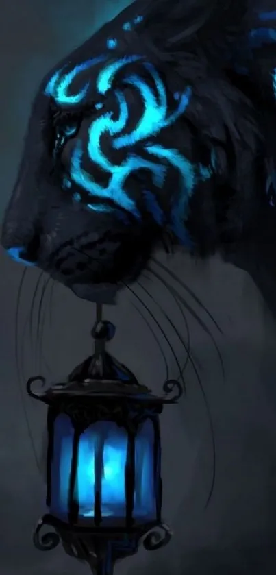 Mystical black tiger with glowing blue lantern.