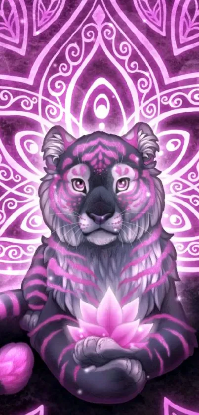 Mystical tiger with pink and purple hues in an artistic mobile wallpaper design.