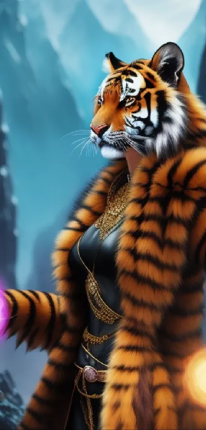 Mystical tiger-headed warrior in vibrant, surreal landscape.