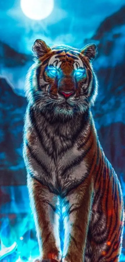 Mystical tiger with glowing blue eyes and aura in a vibrant wallpaper design.