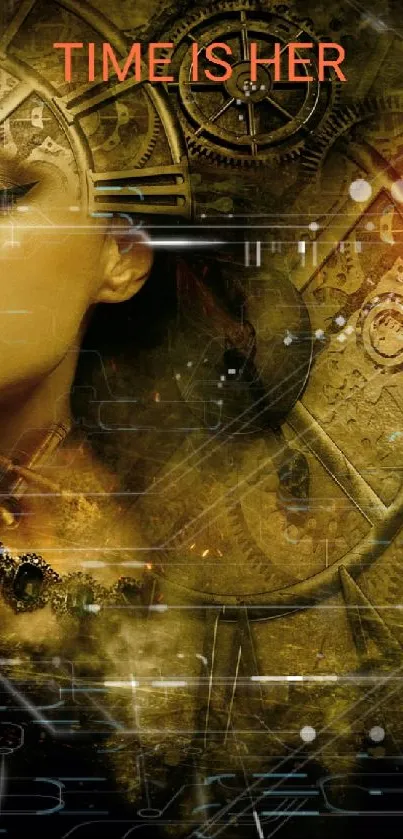 Mystical woman with golden clockwork design wallpaper.