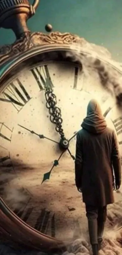 A mystical scene showing a hooded traveler facing a giant antique clock in a surreal setting.