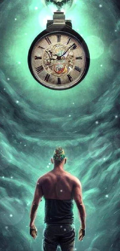 Man stands before a mystical vortex with a prominent floating clock.