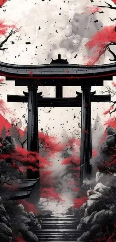 A mystical Torii gate with red and gray tones in a nature-inspired mobile wallpaper.