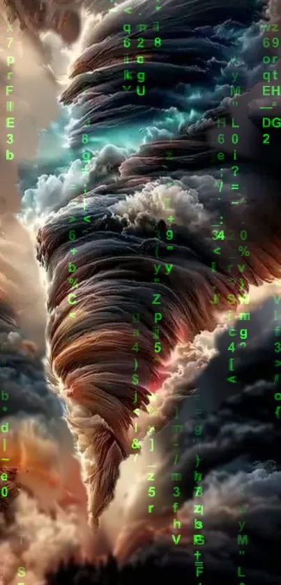 Mystical tornado and digital code create atmospheric mobile wallpaper.