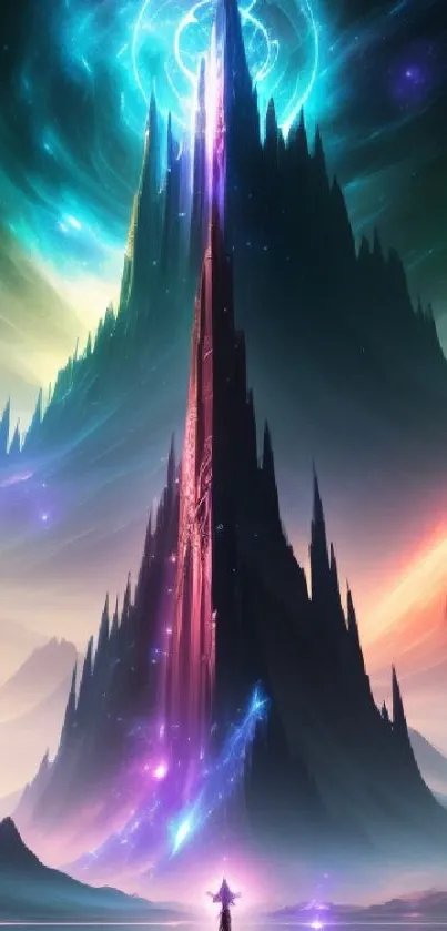 Fantasy tower reaching into a cosmic sky.