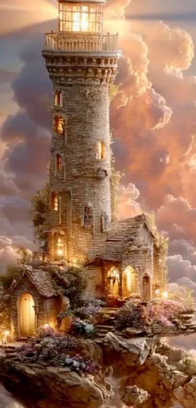 Fantasy tower amidst vibrant clouds.