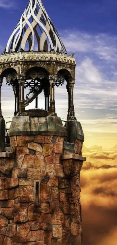 Majestic fantasy tower amidst atmospheric golden clouds.