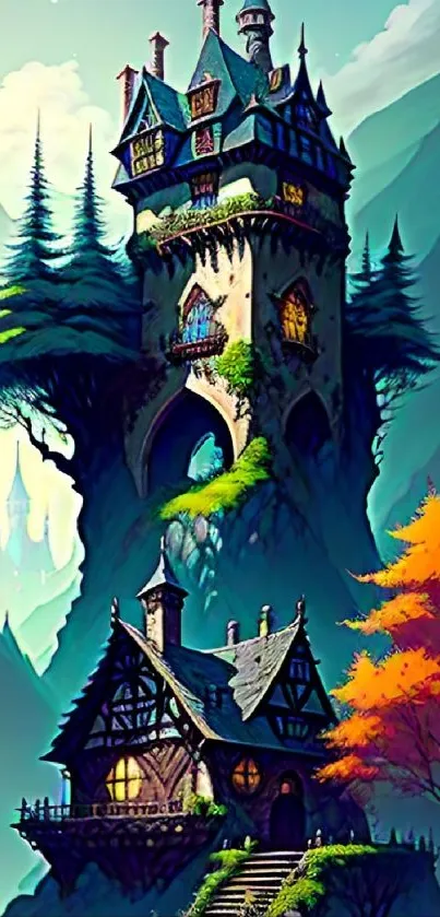 Mystical tower with colorful landscape and trees in a fantasy setting.