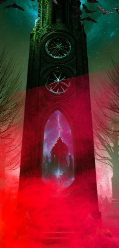 Mystical tower with red and green hues, fantasy wallpaper.