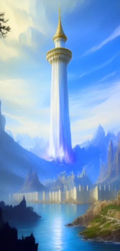 Mystical tower rising in a fantasy landscape with blue skies and a serene lake.