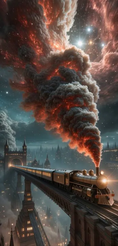 Train travels under a cosmic sky filled with stars and clouds.