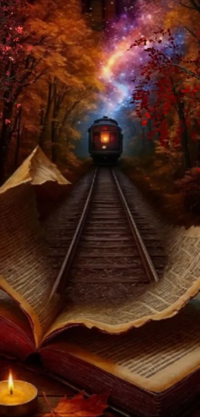 Mystical train on tracks through an enchanted forest with an open book and candles.