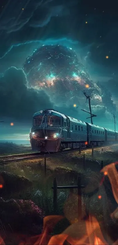 Futuristic train beneath a vibrant cosmic sky at night.