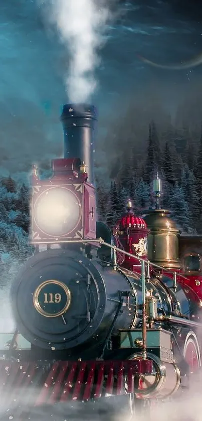 Steam train under a crescent moon in a misty, snowy forest.