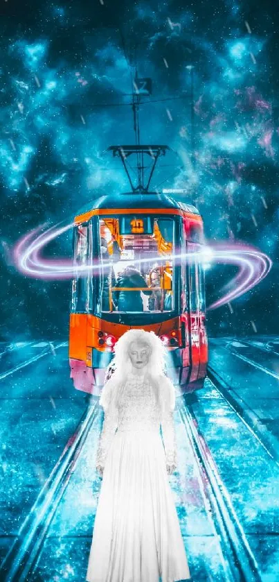 Mystical tram travels through a cosmic galaxy with ethereal light.