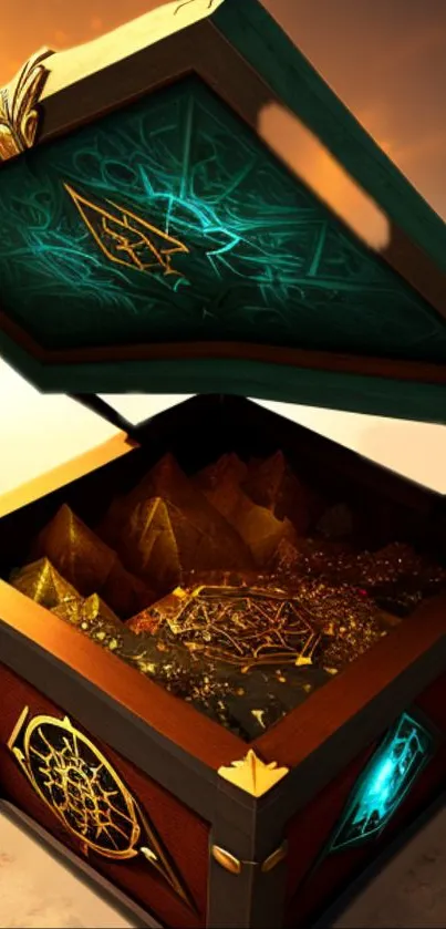 Mystical treasure box with golden pyramids and teal designs.