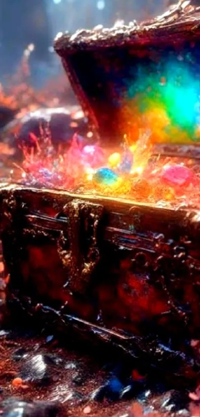 Mystical treasure chest with colorful jewels shimmering brightly.