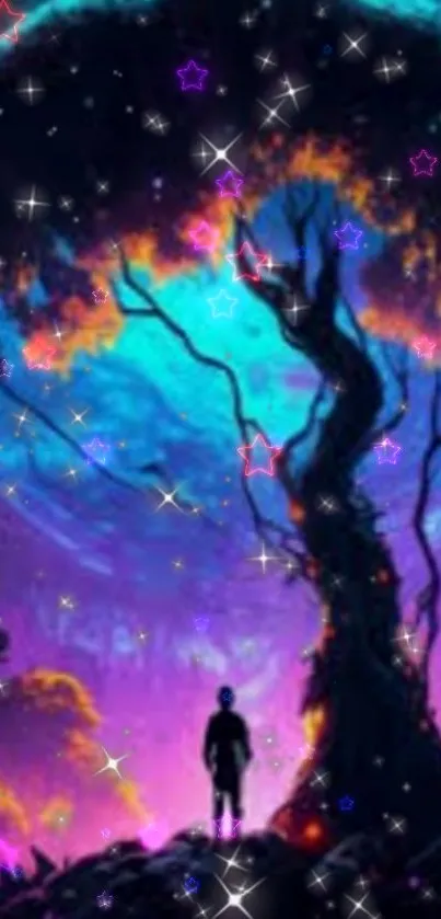 Mystical tree silhouette under cosmic sky with vibrant stars.