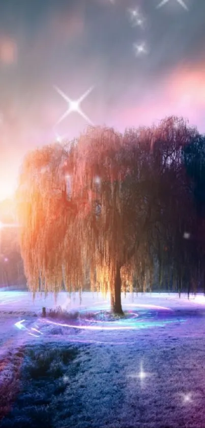 Mystical tree with glowing lights in a dreamy landscape.